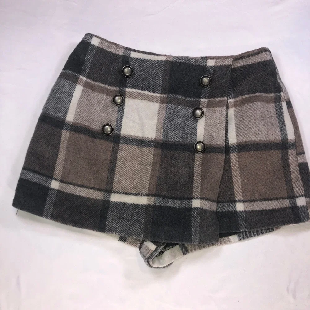 Forever 21 Plaid Wool Blend Skort Grey Brown Button Front Mini Skirt Shorts S - Picture 1 of 10